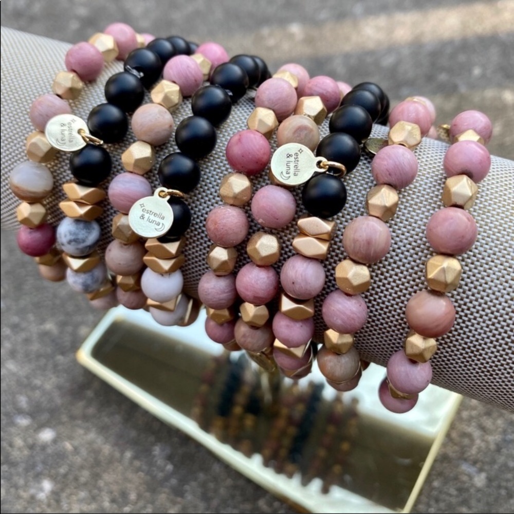 Pink or Black Jasper Gold Hematite Stone Bracelet